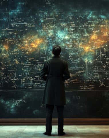 A man stands before a cosmic blackboard filled with complex mathematical equations and space formulas representing science astrophysics and universe exploration