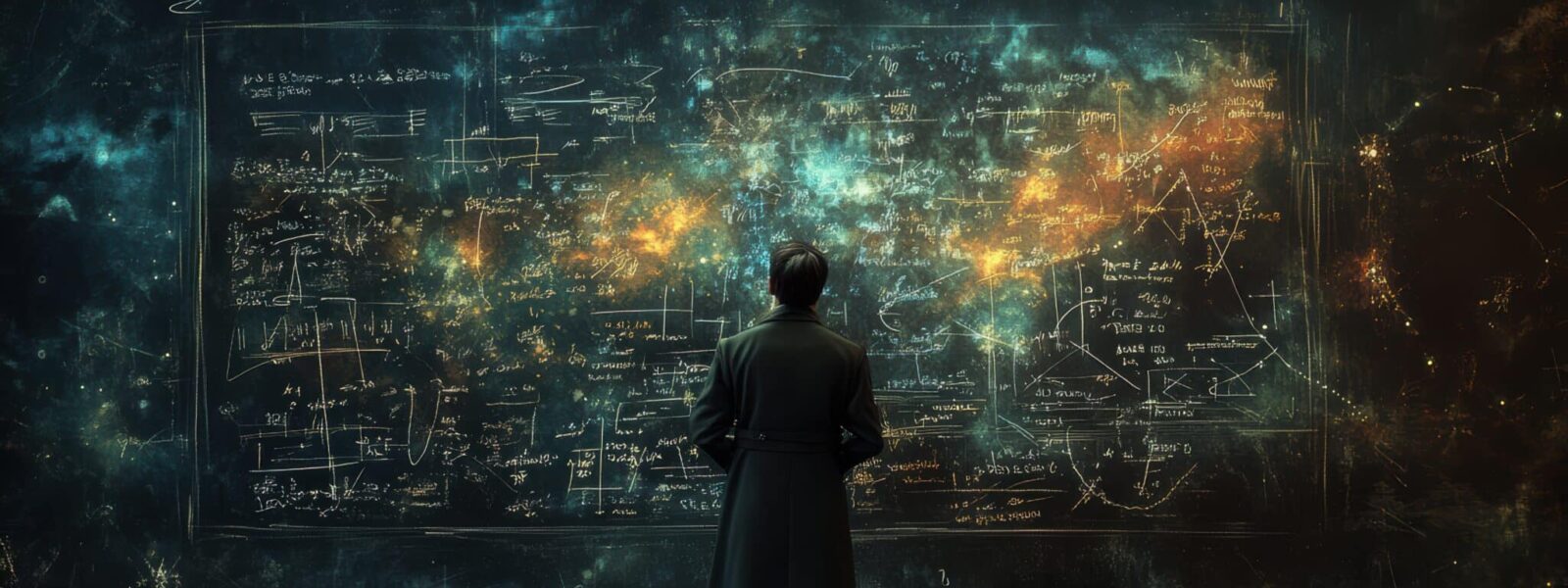 A man stands before a cosmic blackboard filled with complex mathematical equations and space formulas representing science astrophysics and universe exploration