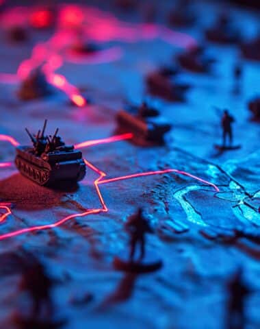 Strategic wargame simulation, miniature army figures on a tactical terrain map