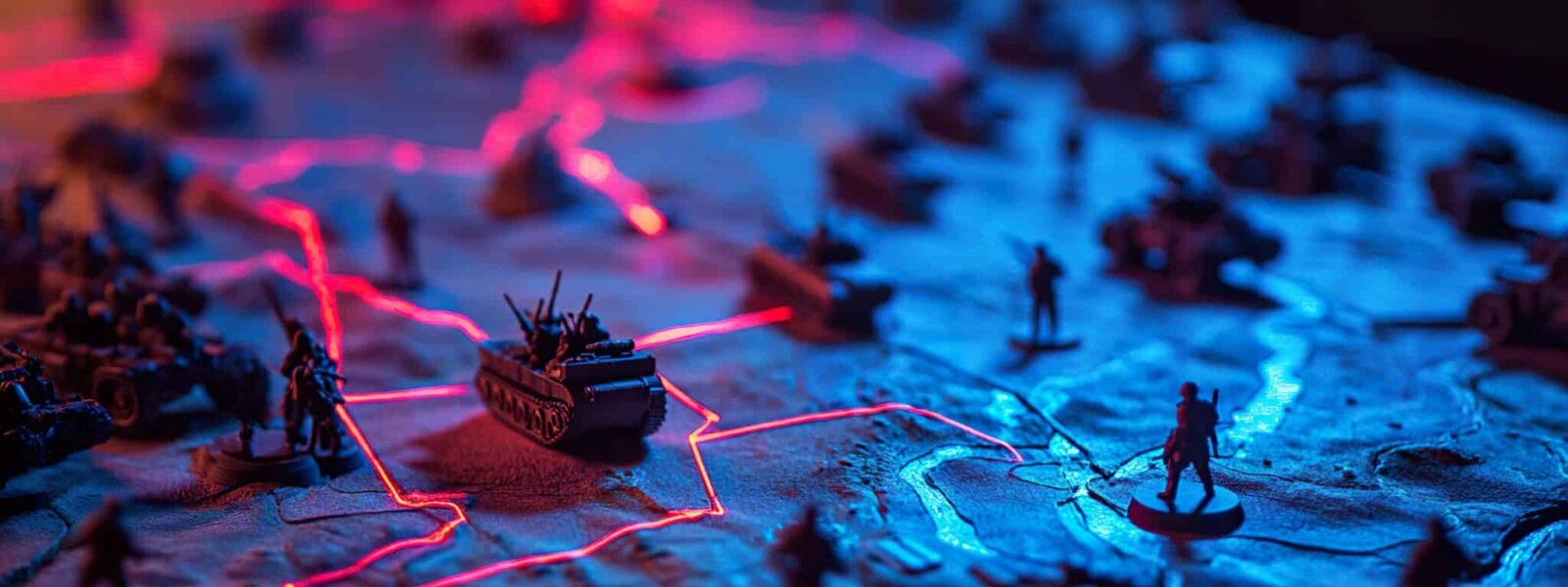 Strategic wargame simulation, miniature army figures on a tactical terrain map