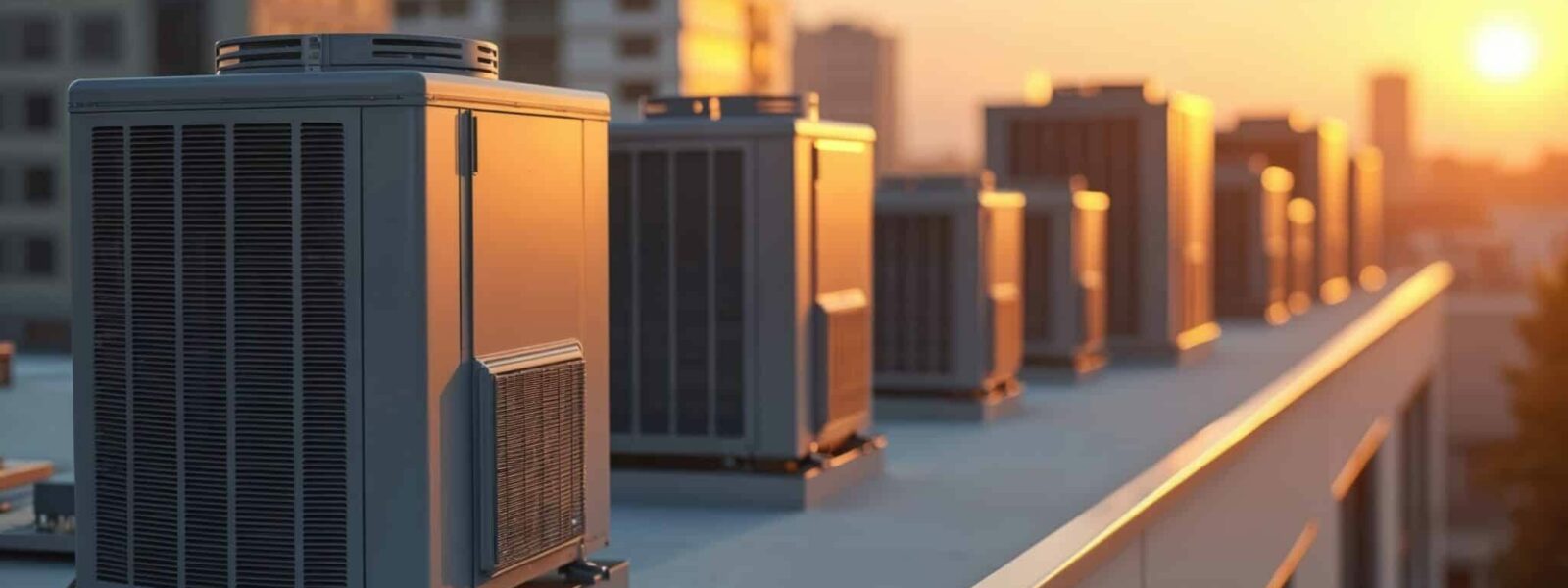 Commercial building rooftop with air conditioners, heat pumps at sunset. Modern HVAC systems for climate control. Cooling, heating technology, industrial equipment at top of building. Energy