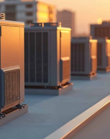 Commercial building rooftop with air conditioners, heat pumps at sunset. Modern HVAC systems for climate control. Cooling, heating technology, industrial equipment at top of building. Energy