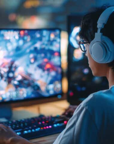 Attractive Asian male gamer enjoys playing online games on his computer feeling happy while live streaming a cyber tournament from home