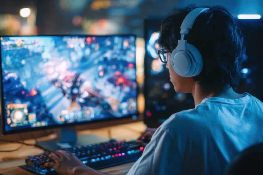Attractive Asian male gamer enjoys playing online games on his computer feeling happy while live streaming a&nbsp;cyber tournament from&nbsp;home