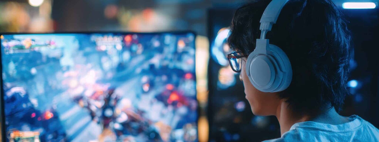 Attractive Asian male gamer enjoys playing online games on his computer feeling happy while live streaming a cyber tournament from home