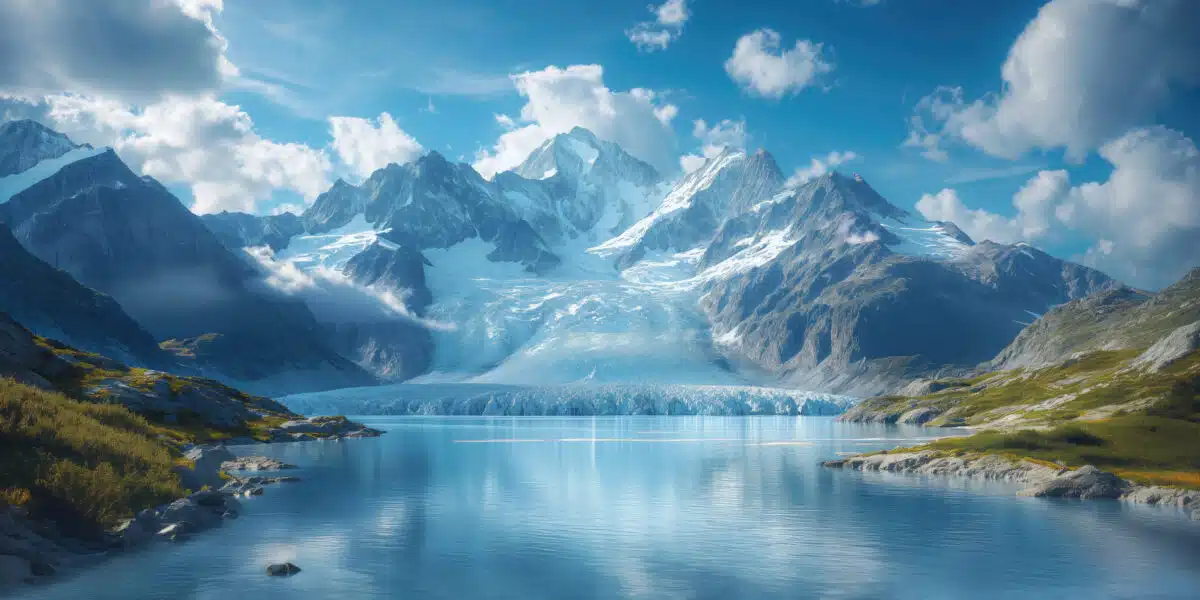 huge alpine glacier melts, giving rise to a lake of clear water