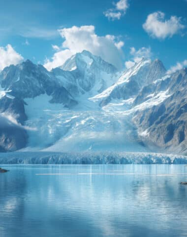 huge alpine glacier melts, giving rise to a lake of clear water