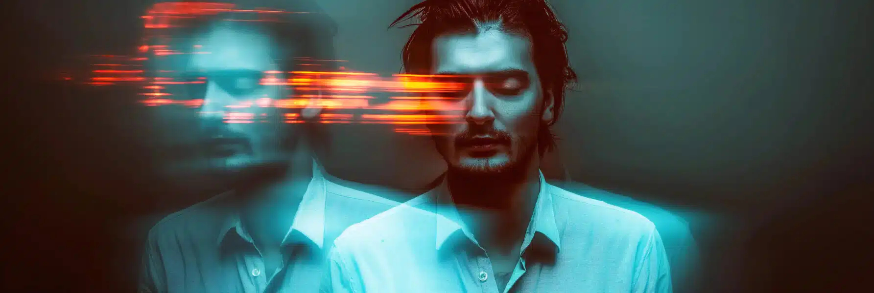 blurred portrait of a&nbsp;man with schizophrenic and mental disorders on a&nbsp;dark background. Stress and paranoia