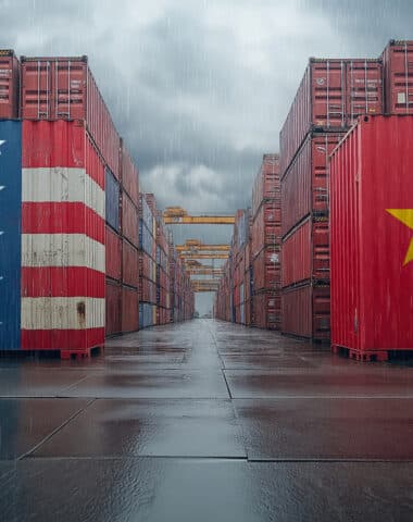 Usa and china flags on cargo containers during rain symbolizing trade war