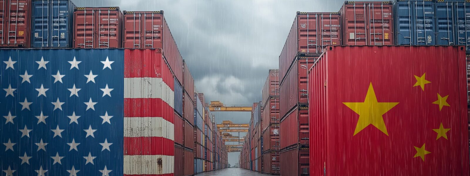 Usa and china flags on cargo containers during rain symbolizing trade war