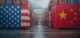 Usa and china flags on cargo containers during rain symbolizing trade war