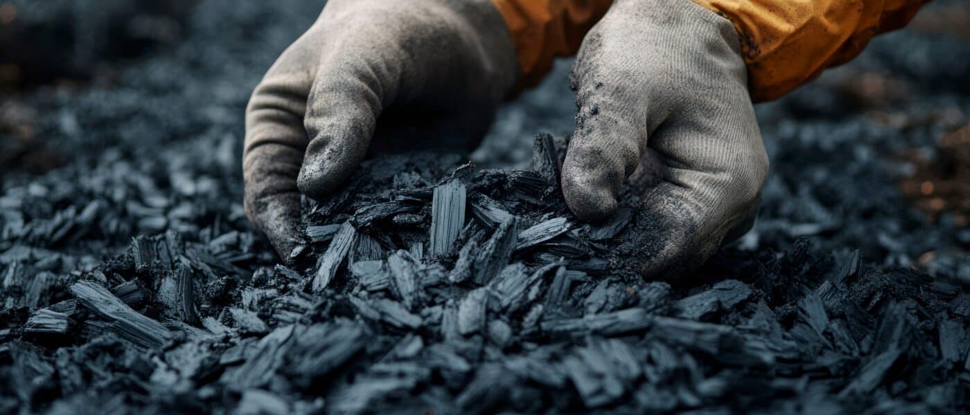Gardener wearing industrial gloves holds charcoal, demonstrating sustainable agriculture.