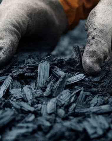 Gardener wearing industrial gloves holds charcoal, demonstrating sustainable agriculture.
