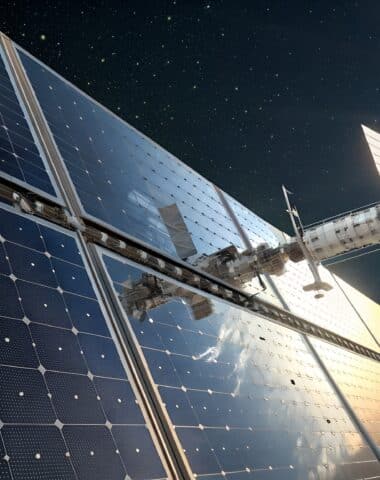 Spacecraft Solar Panel Deployment: A spacecraft gracefully maneuvers near a large, expansive solar panel array, reflecting the sun’s rays in the vast darkness of space.