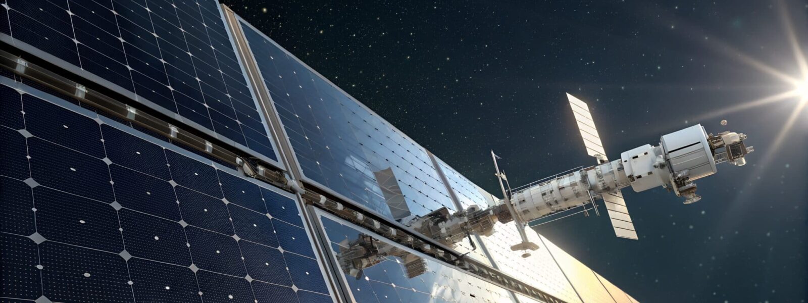 Spacecraft Solar Panel Deployment: A spacecraft gracefully maneuvers near a large, expansive solar panel array, reflecting the sun’s rays in the vast darkness of space.