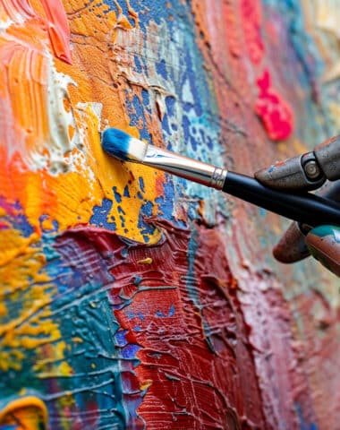 robotic hand of artificial intelligence, generating an abstract oil painting with a brush and oil paint. creativity and sensitivity with ai, and plagiarism or copyright issues