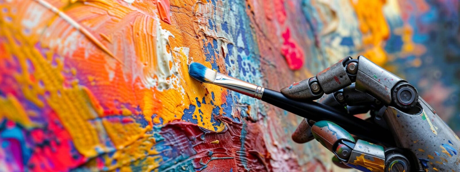 robotic hand of artificial intelligence, generating an abstract oil painting with a brush and oil paint. creativity and sensitivity with ai, and plagiarism or copyright issues