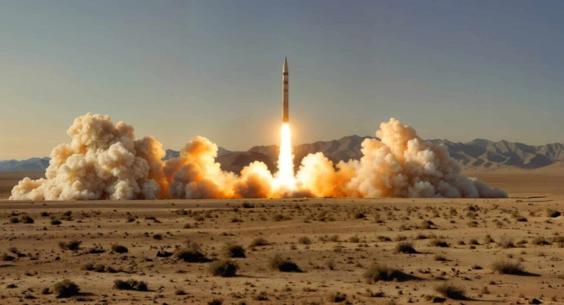 A view of a&nbsp;ballistic missile launching from a&nbsp;mobile launcher in the open desert