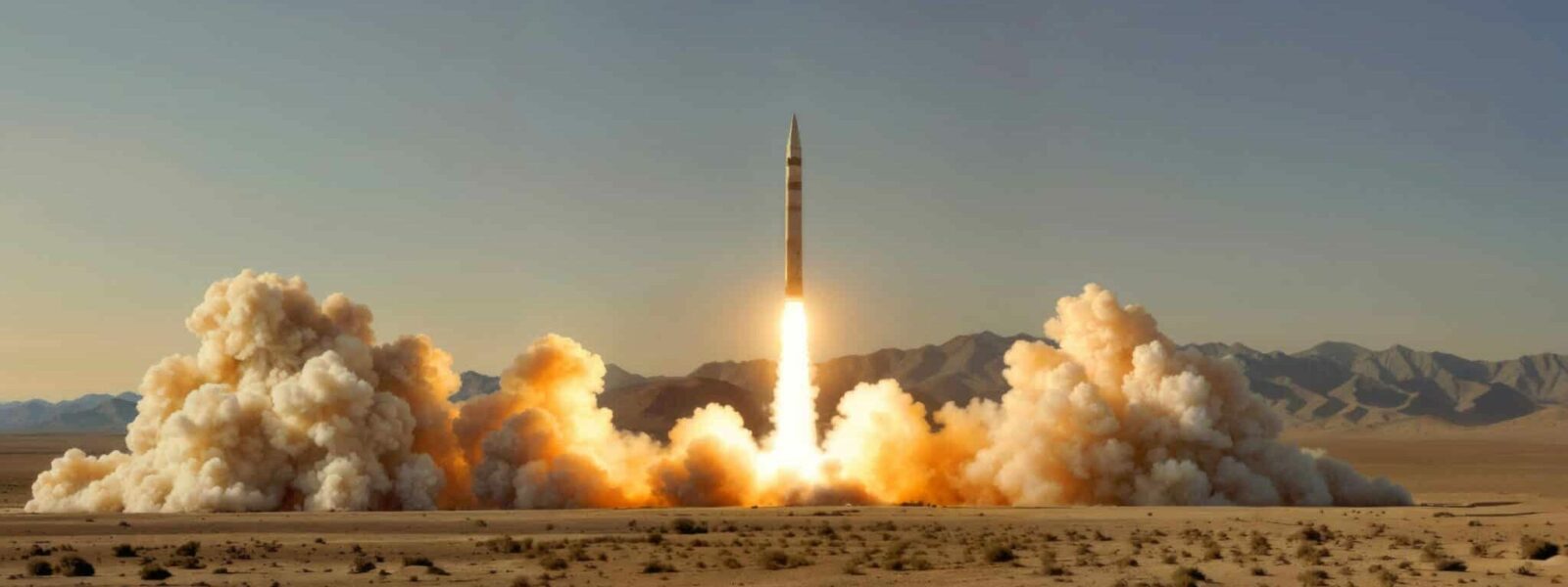A view of a ballistic missile launching from a mobile launcher in the open desert