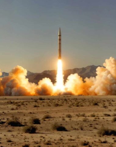A view of a ballistic missile launching from a mobile launcher in the open desert