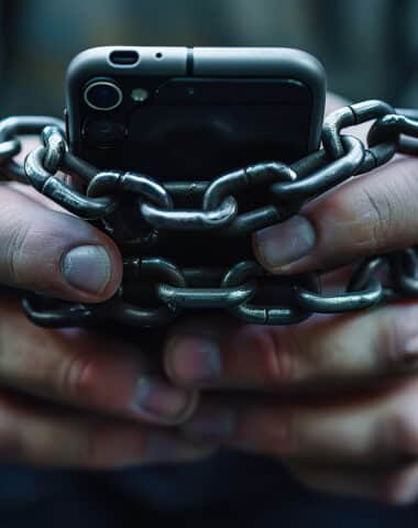 A smartphone bound by chains represents addiction. Generated by AI