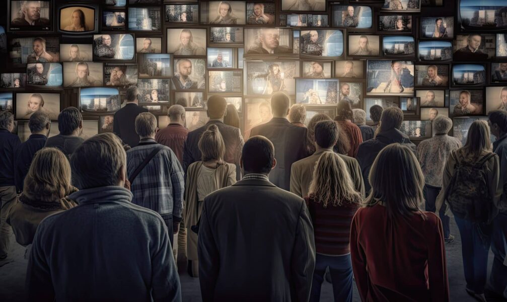 People watching a&nbsp;lot of retro televisions. Propaganda and fake news concept. Politicians manipulate society with help of public television. Created with Generative AI