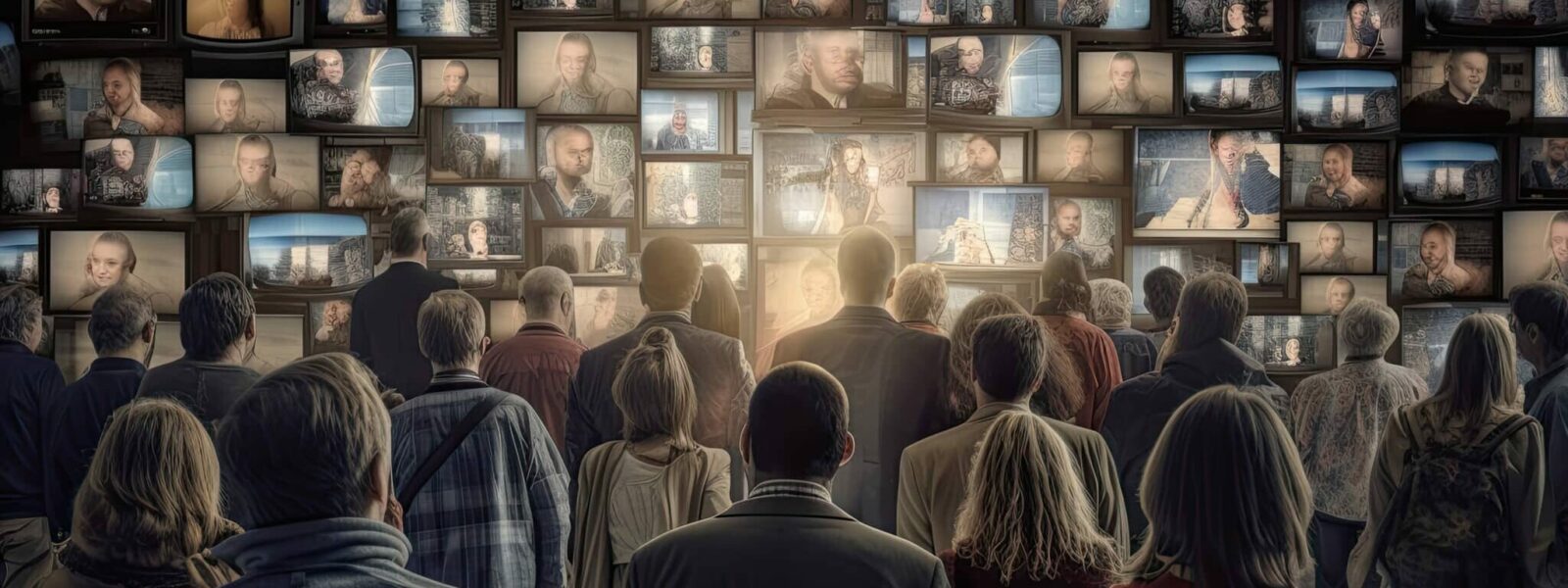 People watching a lot of retro televisions. Propaganda and fake news concept. Politicians manipulate society with help of public television. Created with Generative AI