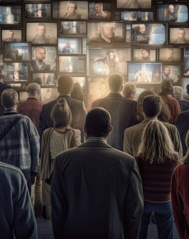 People watching a lot of retro televisions. Propaganda and fake news concept. Politicians manipulate society with help of public television. Created with Generative AI