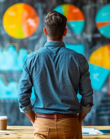 Middle-aged businessman analyzes business growth strategy, economic trends for sustainable development – whiteboard planning, corporate success