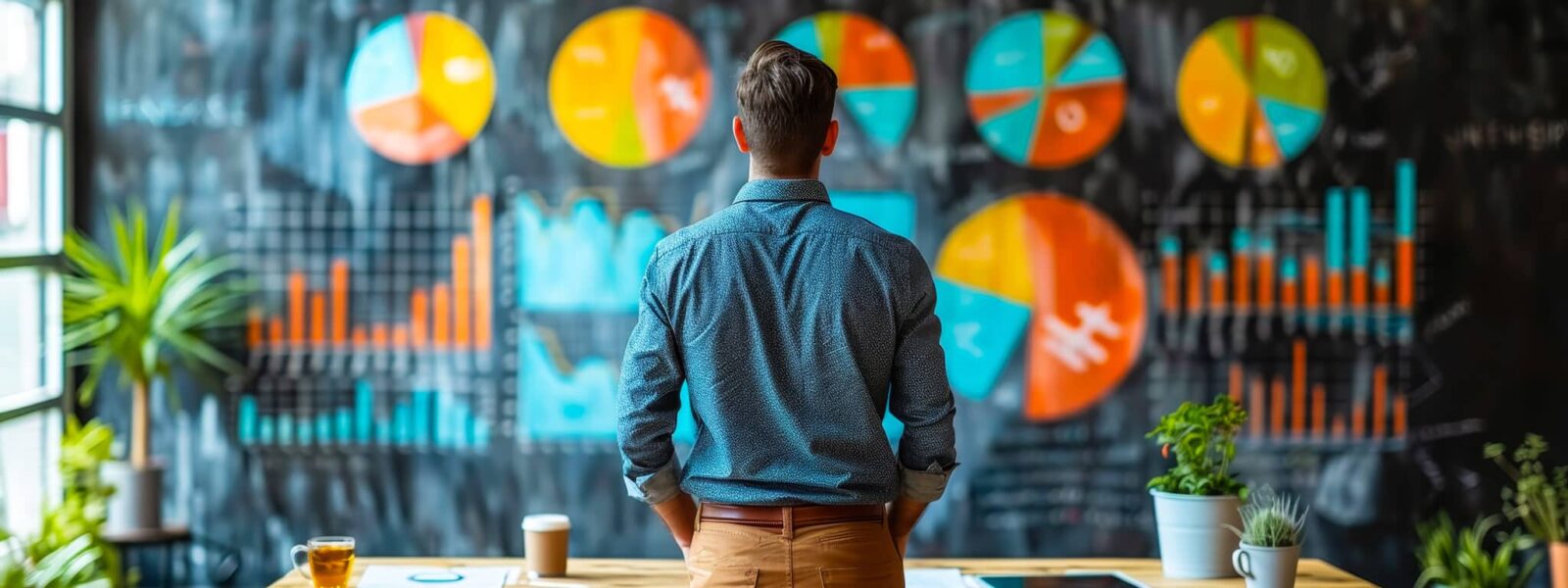 Middle-aged businessman analyzes business growth strategy, economic trends for sustainable development – whiteboard planning, corporate success