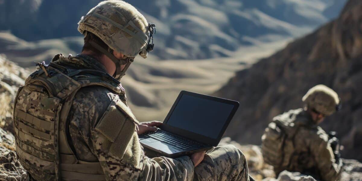 Soldier Using Laptop in Mountainous Terrain