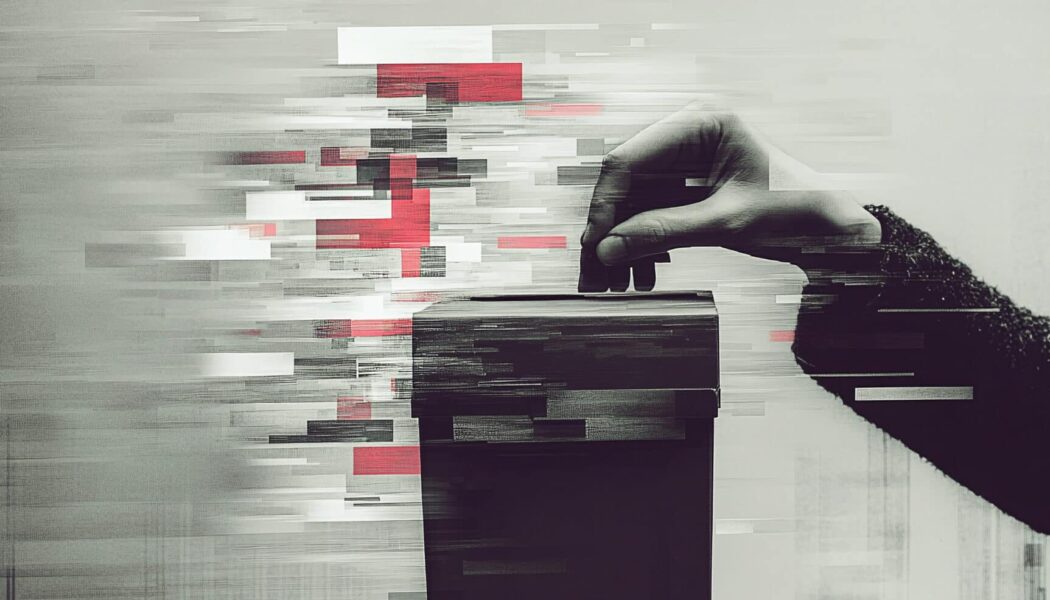 A hand holding a&nbsp;ballot box merged with fake news and manipulated algorithms, highlighting election interference