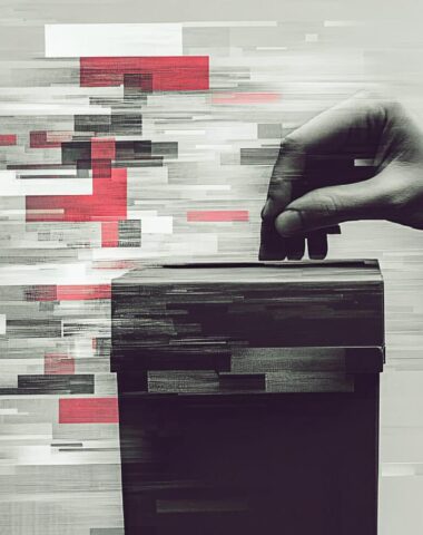 A hand holding a&nbsp;ballot box merged with fake news and manipulated algorithms, highlighting election interference