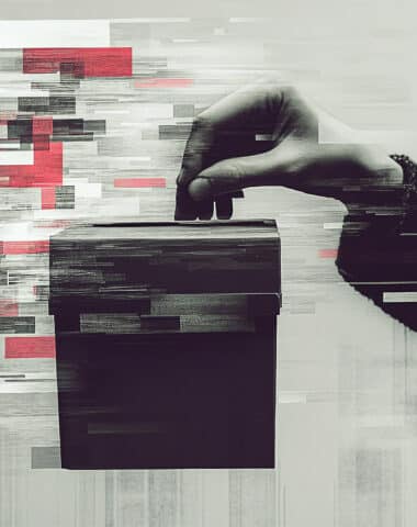 A hand holding a&nbsp;ballot box merged with fake news and manipulated algorithms, highlighting election interference