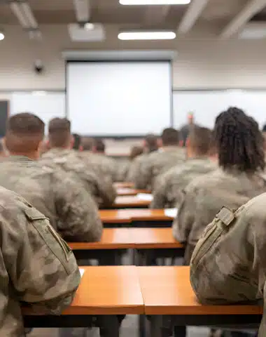 Soldiers attending class in military school learning from instructor