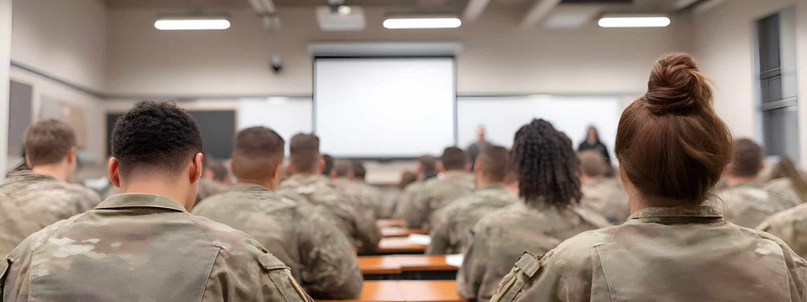 Soldiers attending class in military school learning from instructor