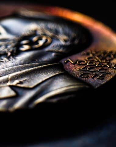 laureate. Close-up view of Nobel Prize medal showing engraved profile and inscriptions. event programs, museum guides, designed for cultural heritage projects and event programs.