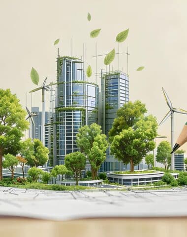 The hand drawing a&nbsp;sustainable urban development with green trees and wind turbines, eco city planning concept, renewable energy infrastructure, green building architecture