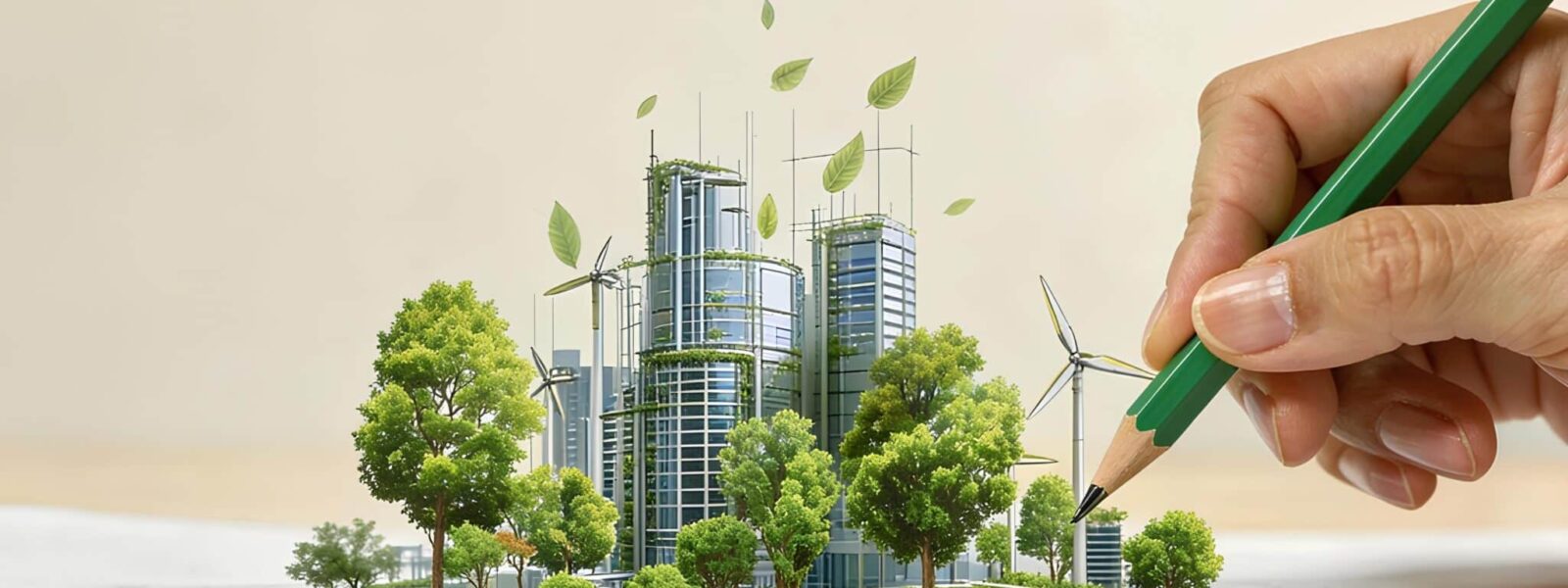 The hand drawing a&nbsp;sustainable urban development with green trees and wind turbines, eco city planning concept, renewable energy infrastructure, green building architecture