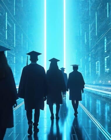 Group of graduates walk through digital futuristic city. Illustration represents education innovation, future careers. Symbolizes e‑learning transformation artificial intelligence tech, progress.