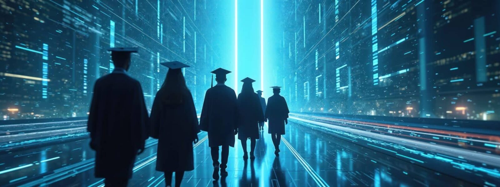 Group of graduates walk through digital futuristic city. Illustration represents education innovation, future careers. Symbolizes e‑learning transformation artificial intelligence tech, progress.