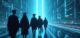 Group of graduates walk through digital futuristic city. Illustration represents education innovation, future careers. Symbolizes e‑learning transformation artificial intelligence tech, progress.