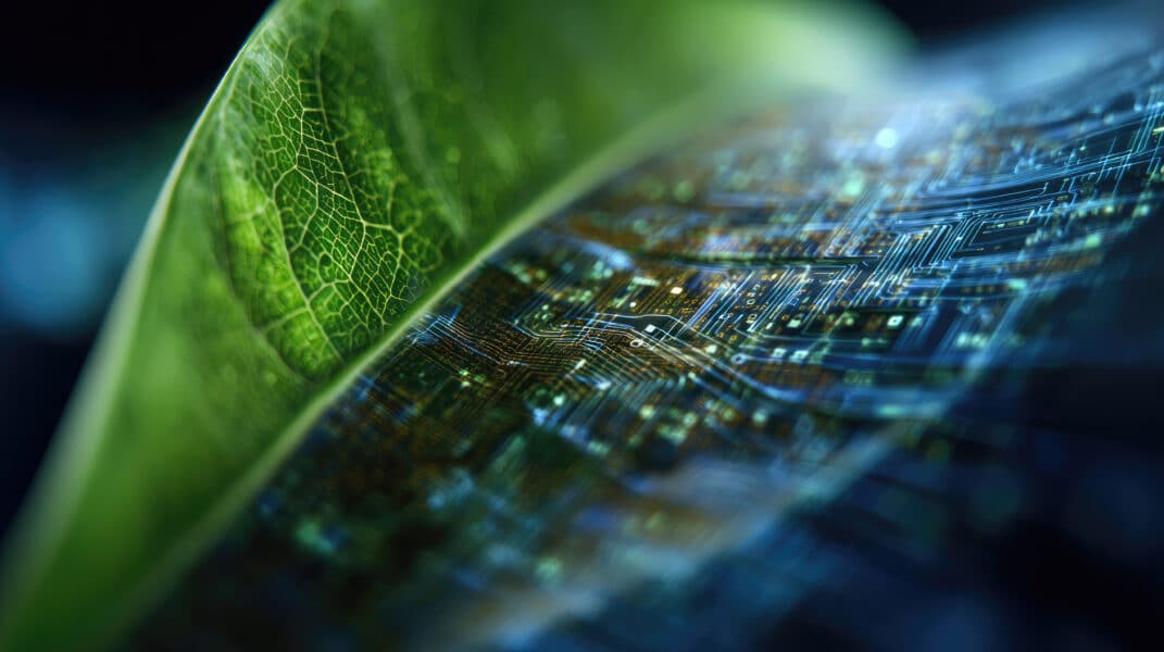 Soft macro view of leaf transforming into digital material, organic technology integration, nature meets innovation, abstract futuristic botanical visualization
