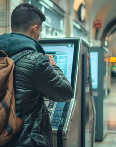 Un homme de dos utilisant une borne de billetterie automatique dans une station de&nbsp;métro.