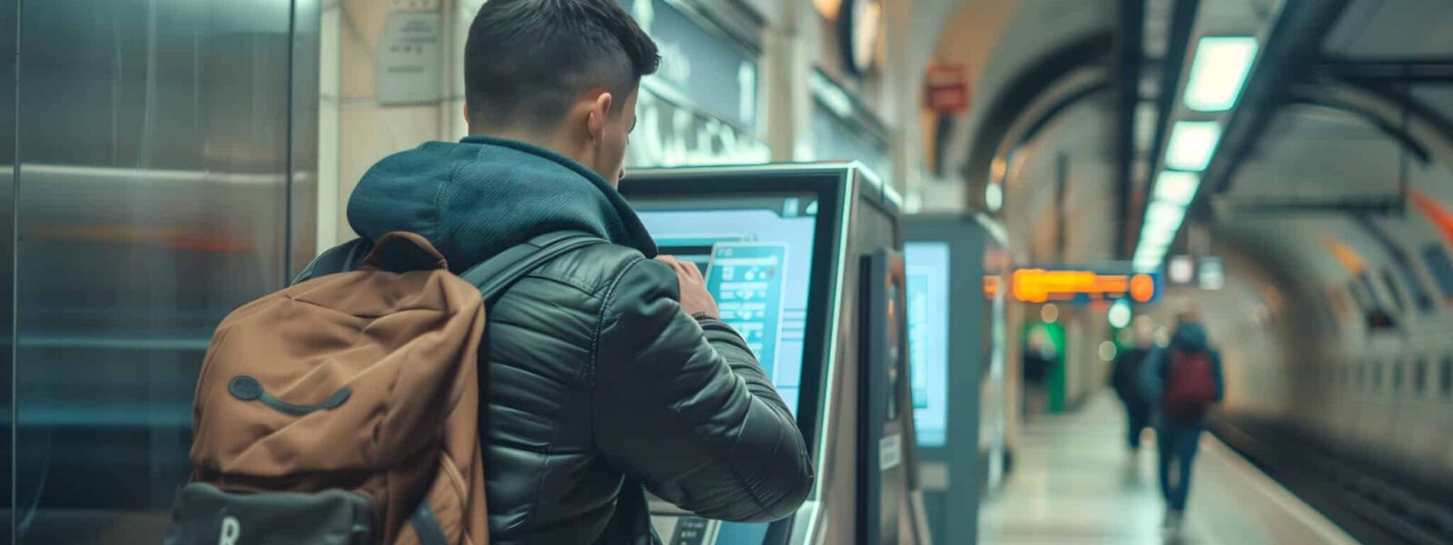 Un homme de dos utilisant une borne de billetterie automatique dans une station de&nbsp;métro.
