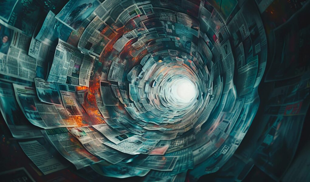 Tunnel made of twisted newspapers headlines creating swirling effect of information media noise and variety of different information, information filtering concept