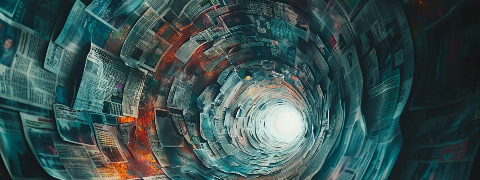 Tunnel made of twisted newspapers headlines creating swirling effect of information media noise and variety of different information, information filtering concept