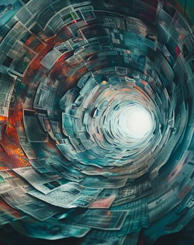 Tunnel made of twisted newspapers headlines creating swirling effect of information media noise and variety of different information, information filtering concept