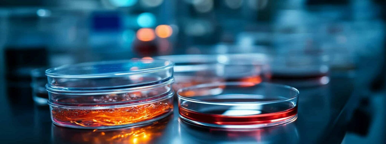 Closeup of petri dishes with bioengineered organism, genetic modification research, synthetic biology, laboratory culture, biotechnology experiment, engineered life forms, with copy&nbsp;space