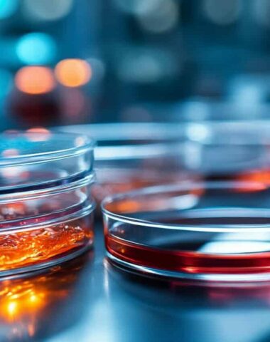 Closeup of petri dishes with bioengineered organism, genetic modification research, synthetic biology, laboratory culture, biotechnology experiment, engineered life forms, with copy&nbsp;space